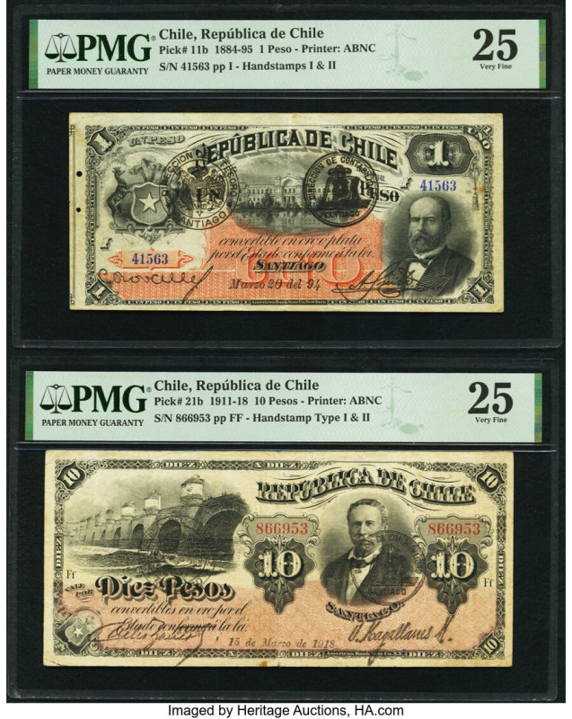 Chile Republica de Chile 1; 10 Pesos 20.3.1894; 15.3.1918 Pick 11b; 21b Two Exam...