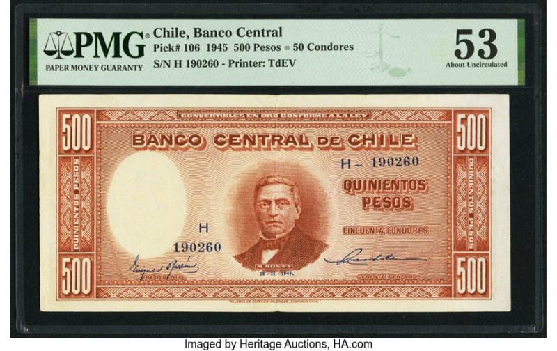 Chile Banco Central de Chile 500 Pesos = 50 Condores 1945 Pick 106 PMG About Unc...