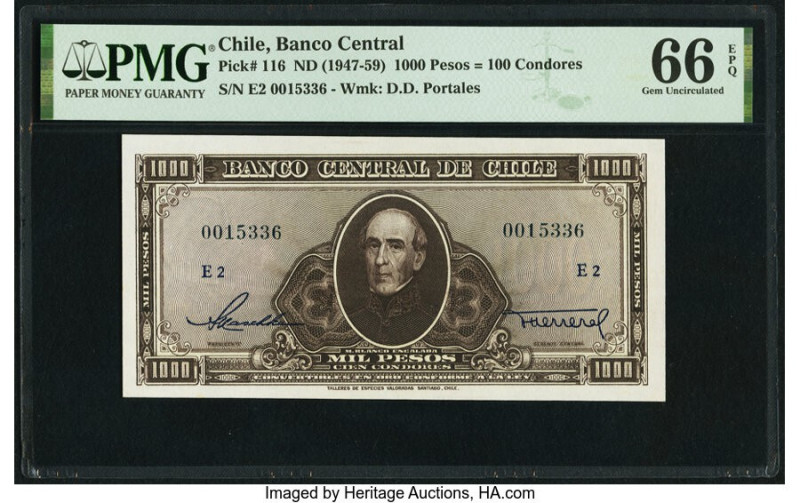 Chile Banco Central de Chile 1000 Pesos = 100 Condores ND (1947-59) Pick 116 PMG...