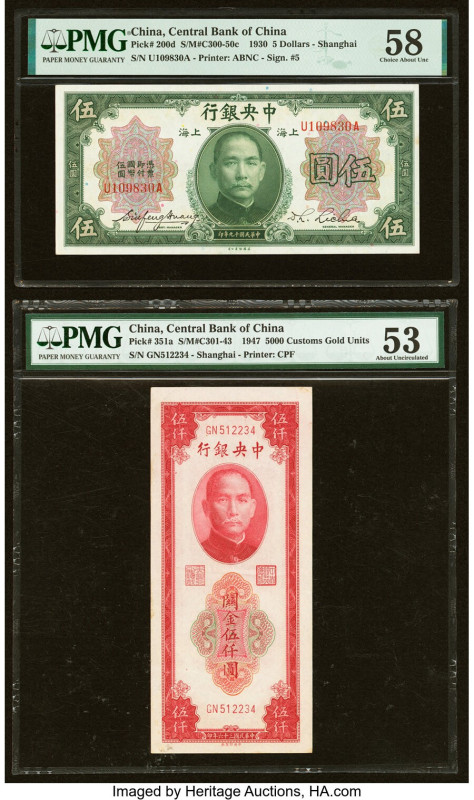 China Central Bank of China 5 Dollars; 5000 Customs Gold Units 1930; 1947 Pick 2...