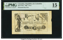 Colombia Republica de Colombia 1 Peso 15.6.1900 Pick 295A PMG Choice Fine 15. A large split is noted on this example. 

HID09801242017

© 2022 Heritag...