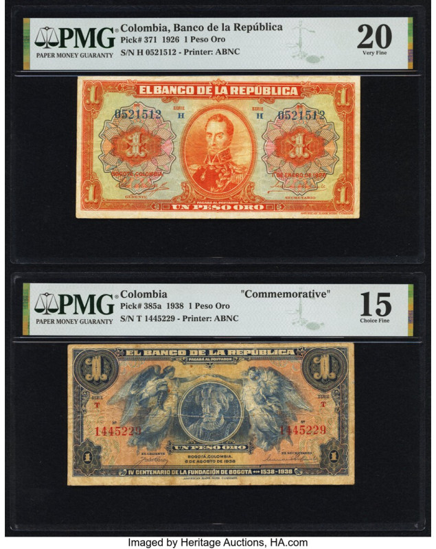 Colombia Banco de la Republica 1 Peso Oro 1.1.1926; 6.8.1938 Pick 371; 385a Two ...
