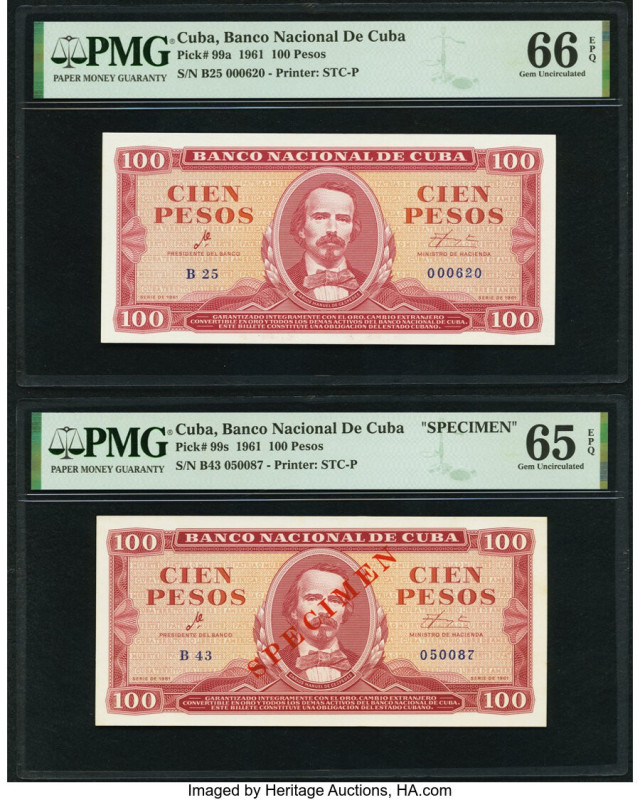Cuba Banco Nacional de Cuba 100 Pesos 1961 Pick 99a; 99s Issued/Specimen PMG Gem...