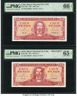 Cuba Banco Nacional de Cuba 100 Pesos 1961 Pick 99a; 99s Issued/Specimen PMG Gem Uncirculated 66 EPQ; Gem Uncirculated 65 EPQ. Low serial number 620 i...