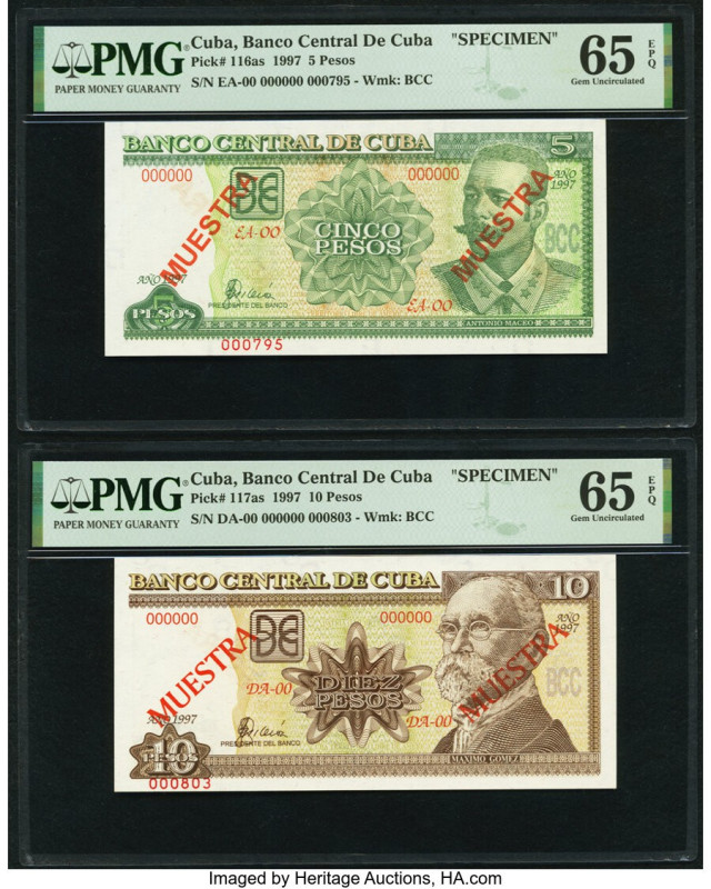 Cuba Banco Central de Cuba 5; 10 Pesos 1997 Pick 116as; 117as Two Specimen PMG G...
