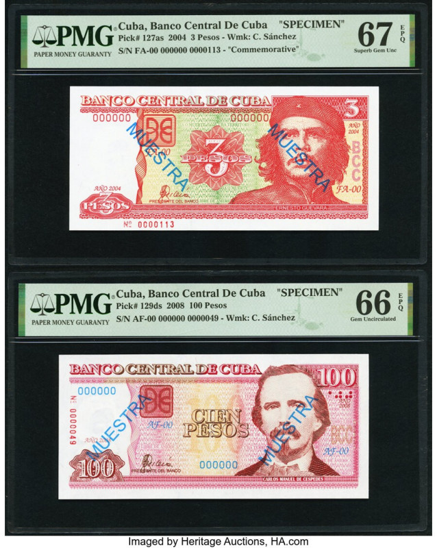 Cuba Banco Central de Cuba 3; 100 Pesos 2004; 2008 Pick 127as; 129ds Two Specime...