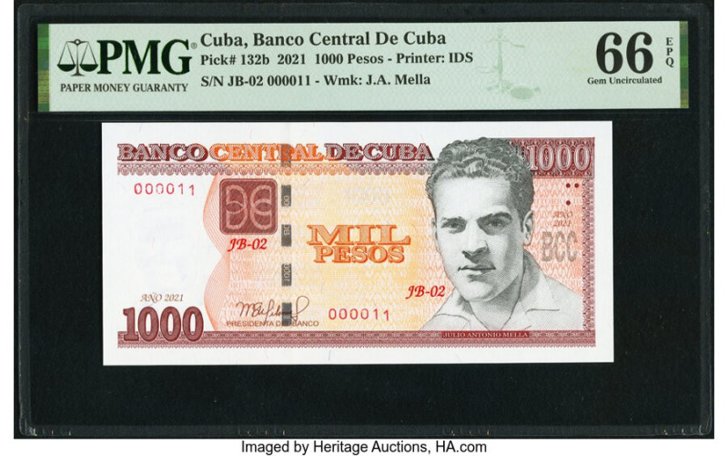 Serial Number 11 Cuba Banco Central de Cuba 1000 Pesos 2021 Pick 132b PMG Gem Un...