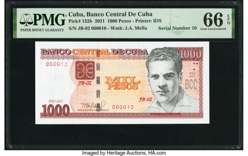 Serial Number 10 Cuba Banco Central de Cuba 1000 Pesos 2021 Pick 132b PMG Gem Un...