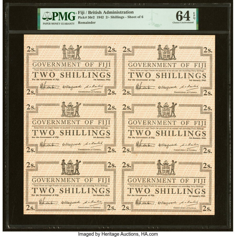 Fiji Government of Fiji 2 Shillings 1.1.1942 Pick 50r2 Uncut Sheet of 6 Remainde...