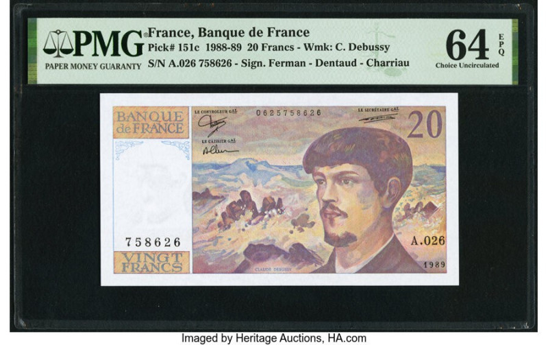 Scarce A.026 Prefix France Banque de France 20 Francs 1989 Pick 151c PMG Choice ...