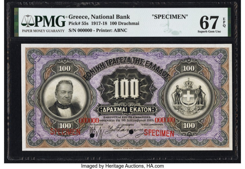 Greece National Bank of Greece 100 Drachmai 1917-18 Pick 55s Specimen PMG Superb...