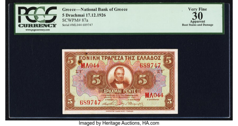 Greece National Bank of Greece 5 Drachmai 17.12.1926 Pick 87a PCGS Apparent Very...