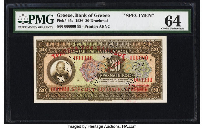 Greece Bank of Greece 20 Drachmai 1926 Pick 95s Specimen PMG Choice Uncirculated...