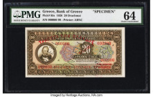 Greece Bank of Greece 20 Drachmai 1926 Pick 95s Specimen PMG Choice Uncirculated 64. Pinholes and Cancelled perforations are noted. 

HID09801242017

...
