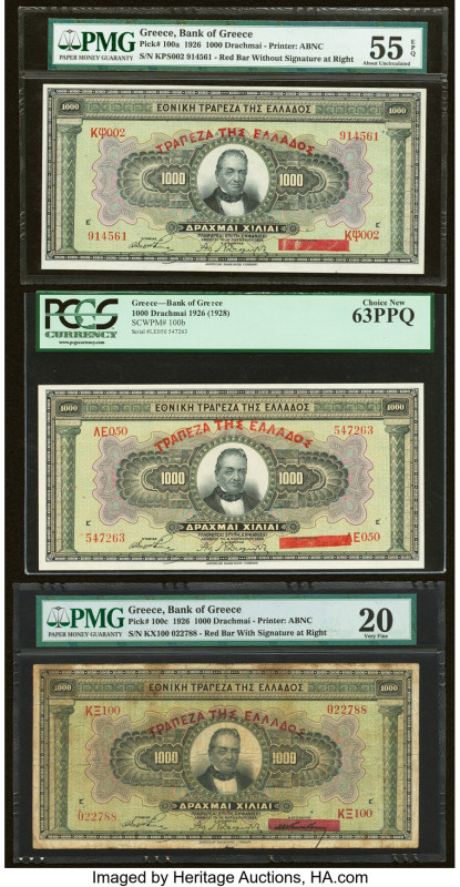 Greece Bank of Greece 1000 Drachmai 1926 (3) Pick 100a; 100b; 100c Three Example...