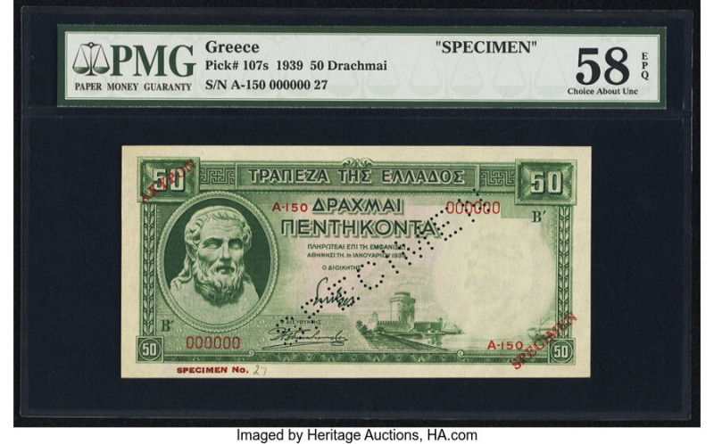 Greece Bank of Greece 50 Drachmai 1939 Pick 107s Specimen PMG Choice About Unc 5...