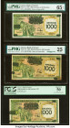 Greece Bank of Greece 1000 Drachmai on 100 Drachmai 1939 Pick 111 (2); 111a Three Examples PMG Gem Uncirculated 65 EPQ; Very Fine 25; About New 50. Pr...