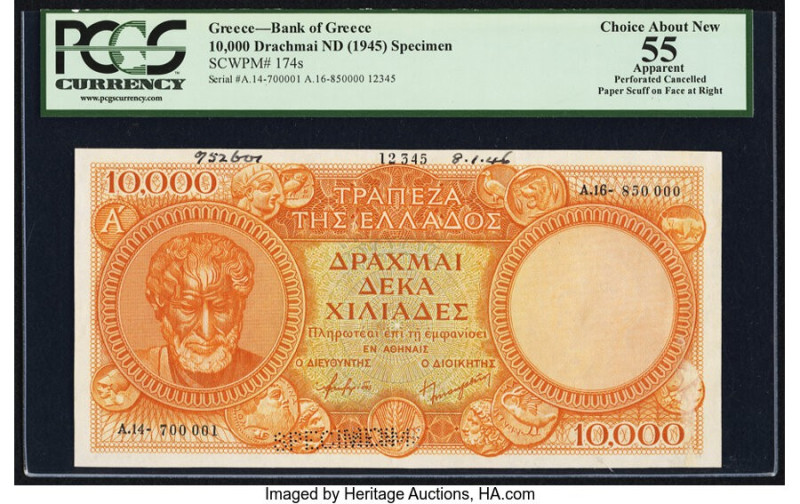Greece Bank of Greece 10,000 Drachmai ND (1945) Pick 174s Specimen PCGS Apparent...
