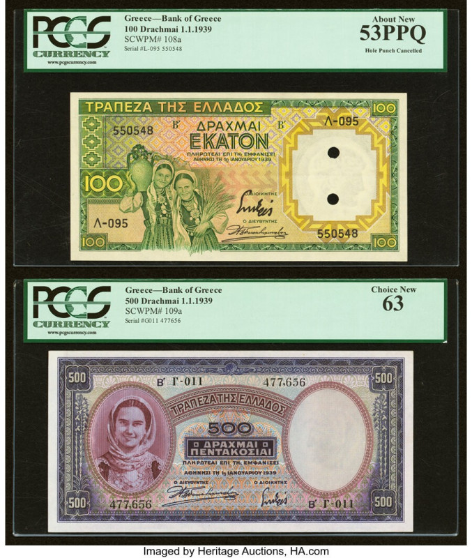 Greece Bank of Greece 100; 500 Drachmai 1.1.1939 Pick 108a; 109a Two Examples PC...
