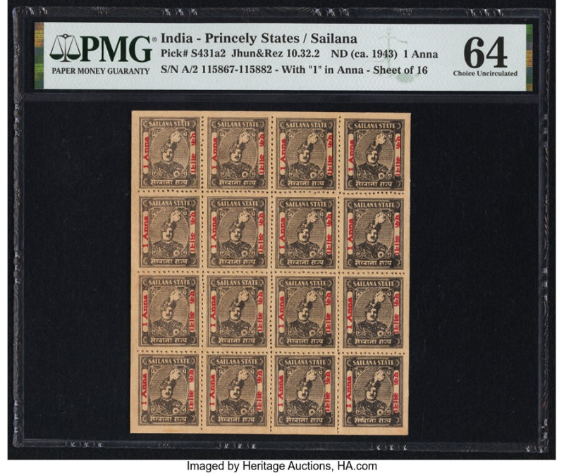 India Princely States 1 Anna ND (ca. 1943) Pick S431a2 Sheet of 16 Examples PMG ...