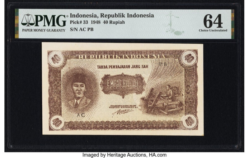 Indonesia Republik Indonesia 40 Rupiah 1948 Pick 33 PMG Choice Uncirculated 64. ...