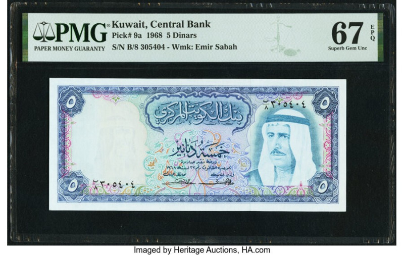 Kuwait Central Bank of Kuwait 5 Dinars 1968 Pick 9a PMG Superb Gem Unc 67 EPQ. 
...