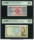 Malta Government of Malta 1 Shilling; 1 Pound ND (1943); 1967 (ND 1961) Pick 16; 29a Two Examples PMG Choice Uncirculated 64; Choice Uncirculated 64 E...