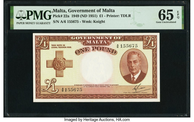 Malta Government of Malta 1 Pound 1949 (ND 1951) Pick 22a PMG Gem Uncirculated 6...
