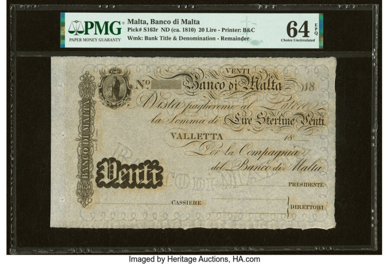 Malta Banco di Malta 20 Lire ND (ca. 1810) Pick S163r Remainder PMG Choice Uncir...