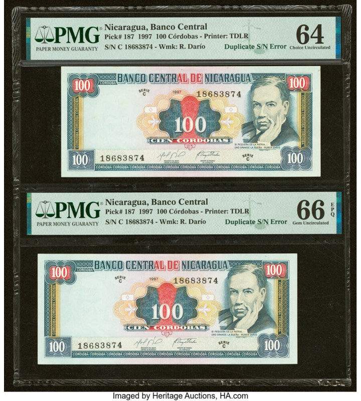 Duplicate Serial Number Error Nicaragua Banco Central 100 Cordobas 1997 Pick 187...