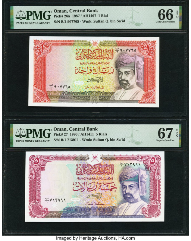 Oman Central Bank of Oman 1; 5 Rials 1987; 1990 Pick 26a; 27 Two Examples PMG Ge...