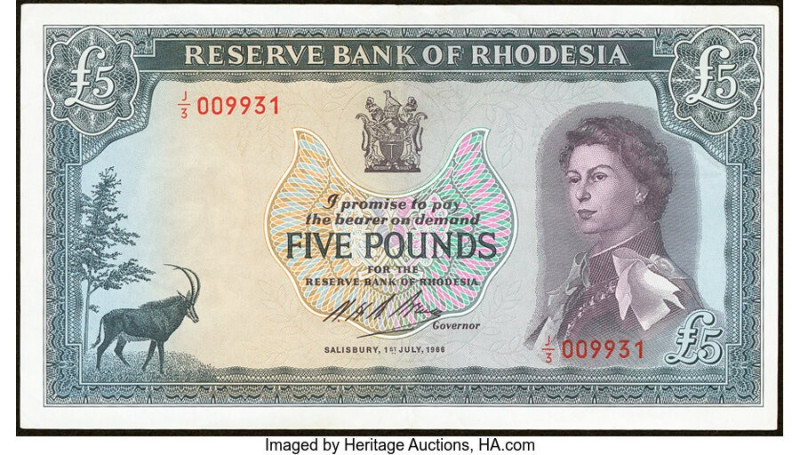 Rhodesia Reserve Bank of Rhodesia 5 Pounds 1.7.1966 Pick 29a Very Fine. 

HID098...