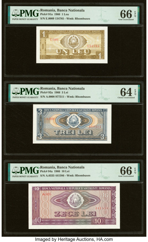 Romania Banca Nationala 1 Leu; 3; 10 Lei 1966 Pick 91a; 92a; 94a Three Examples ...