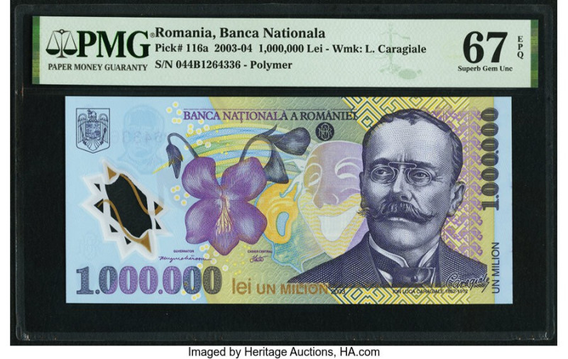 Romania Banca Nationala 1,000,000 Lei 2003-04 Pick 116a PMG Superb Gem Unc 67 EP...