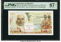 Saint Pierre and Miquelon Caisse Centrale de la France d'Outre-Mer 2 Nouveaux Francs on 100 Francs ND (1963) Pick 32 PMG Superb Gem Unc 67 EPQ. 

HID0...