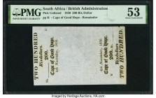 South Africa British Administration 200 Rix Dollar 4.11.1830 Pick UNL Remainder PMG About Uncirculated 53. 

HID09801242017

© 2022 Heritage Auctions ...