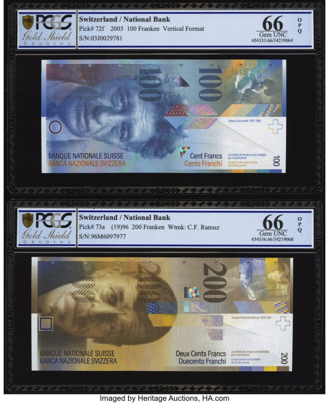 Switzerland National Bank 100; 200 Franken 2003; 19(96) Pick 72f; 73a Two Exampl...