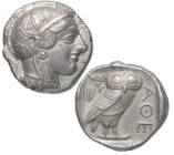 454-404 a.C. Grecia. Ática (Atenas). Tetradracma. Ag. 17,17 g. Cabeza de Atenea a derecha con casco ornamentado /Lechuza a derecha mirando de frente; ...