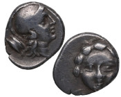 350-300 a.C. Selgé, Pisidie. Trihemióbolo. Ag. 1,03 g. Cabeza de Gorgona vista de frente (gorgoneion) /Cabeza de Atenea a derecha, con casco corintio ...