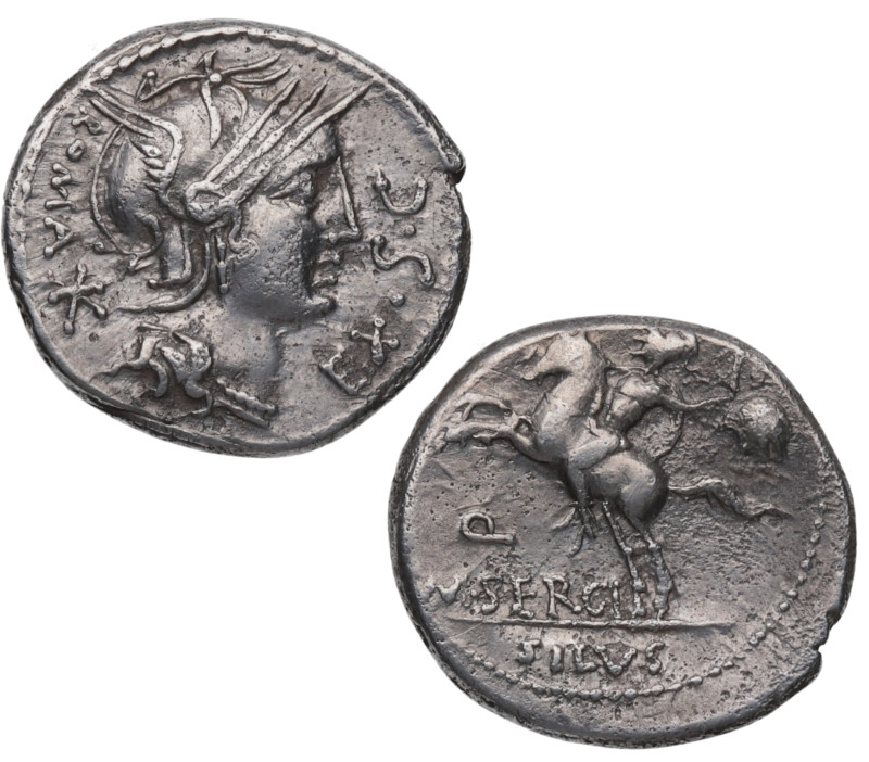 116-115 a.C. . Sergia. Roma. Denario. RSC 1a. Ag. 3,94 g.  Cabeza con casco de R...