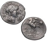 116-115 a.C. . Sergia. Roma. Denario. RSC 1a. Ag. 3,94 g.  Cabeza con casco de Roma a la derecha; EX•S•C arriba delante, ROMA y marca de valor detrás ...