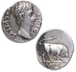 27 aC-14 dC. Augusto. Roma. Denario. Ag. 3,64 g. Toro en reverso IMP-X Buen ejemplar. MBC+ / MBC. Est.750.
