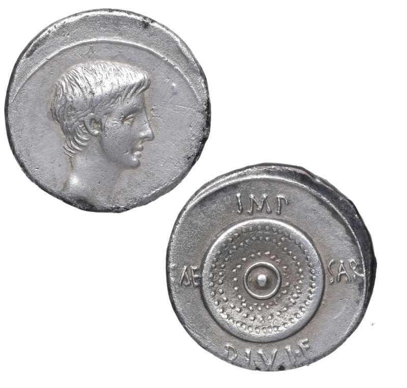 27 aC-14 dC. Augusto. Roma. Denario. Ag. 3,63 g. Rodela en reverso. IMP CAESAR D...