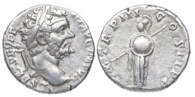 195 d.C. Septimio Severo (193- 211 d.C)​. Roma. Denario. DS 4119 e.1. Ag. 3,47 g.  fin leyenda anverso: …IMP VII PM TR P IIII COS II PP. Minerva a izq...