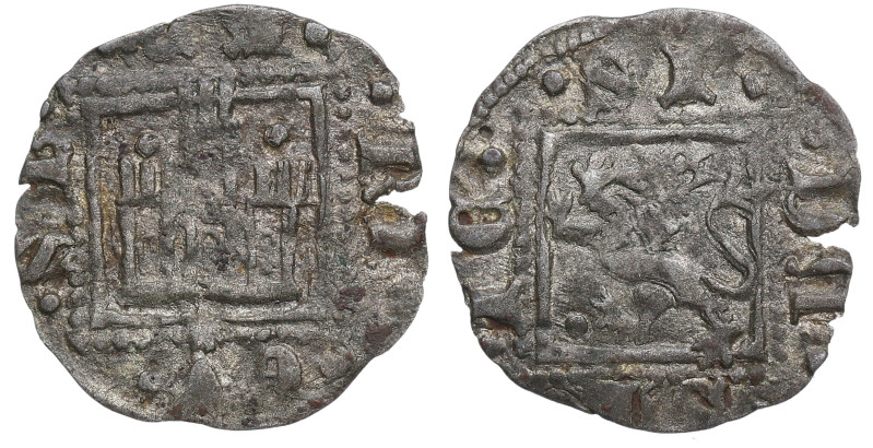 Enrique II (1369-1379). Santiago. Dinero. Ve. 0,64 g. Punto  bajo el león  y sob...