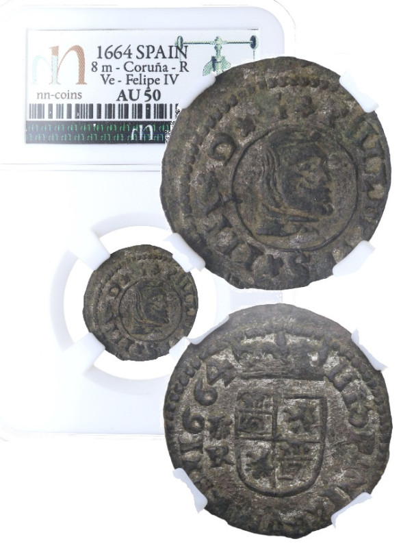 1664. Felipe IV (1621-1665). Coruña. 8 Maravedís. R. A&C 321. Cu. Encapsulada po...