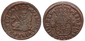1747. Fernando VI (1746-1759). Segovia. 1 maravedí. A&C 19. Cu. 1,30 g. Bella. Brillo original. Escasa así. EBC+. Est.75.
