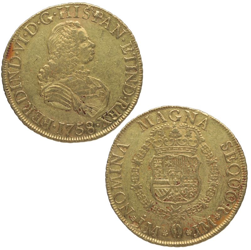 1758. Fernando VI (1746-1759). Lima. 8 escudos. JM. A&C 774. Au. 26,92 g. Atract...