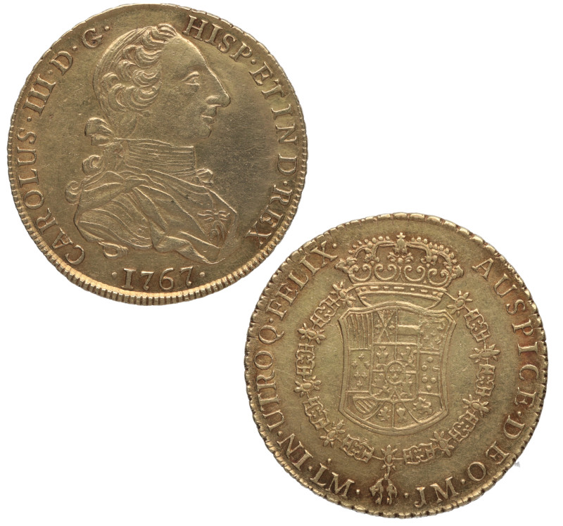 1767. Carlos III (1759-1788). Lima. 8 escudos. JM. A&C 1920. Au. 27,02 g. Muy be...