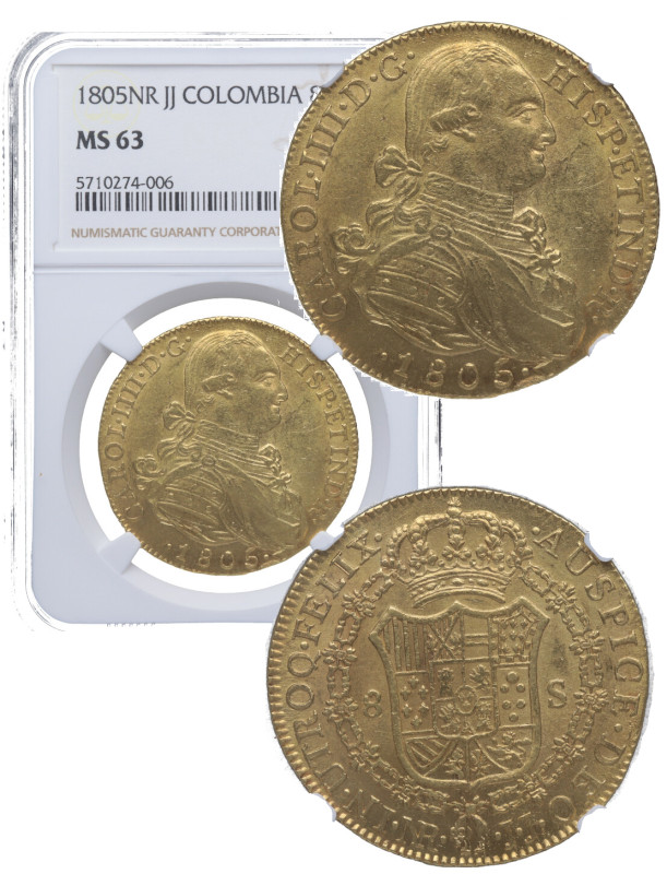 1805. Carlos IV (1788-1808). Nuevo Reino. 8 escudos. JJ. A&C 1746. Au. Bellísima...